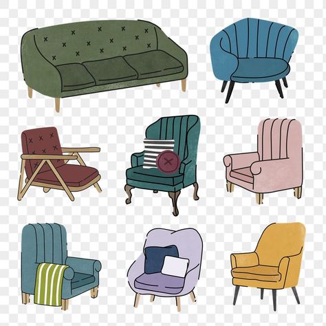 Sofa Illustration, Sofa Png, Chair Png, Tatuaje Studio Ghibli, Chair Illustration, Sofa Drawing, Chair Drawing, Png Stickers, Paper Doll House