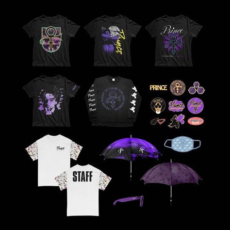 Brandon Stecz on Instagram: "Last year, I did a ton of designs for the Prince Immersive Experience, with upwards of 100 designs conceptually. • I wanted to show off some of the designs that were not picked up, as this project really gave me the opportunity to design pieces beyond apparel. I did everything from sunglasses and pins to umbrellas and face masks. • There are some apparel designs here that were presented but I also wanted to show a variety of other pieces. • • • • • #bandmerchdesign British Tv Comedies, British Sitcoms, Merch Design, Character Arc, Dark Comedy, Inspirational Tshirts, Tour Merch, Band Merchandise, British Tv