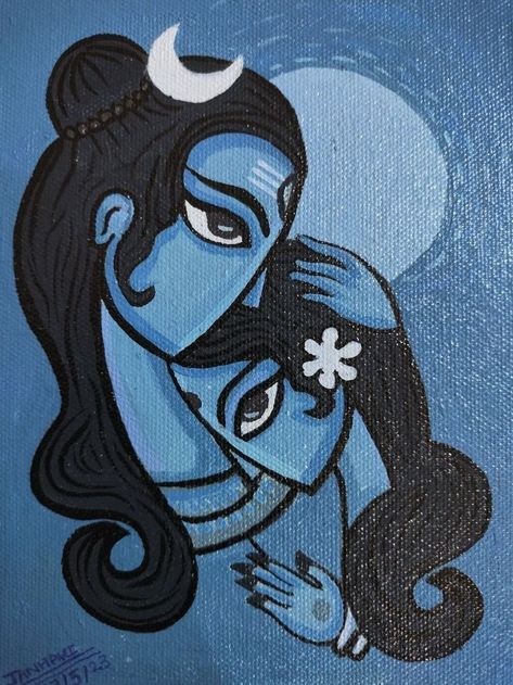 Mini Canvas Art Shiva, Shiv Shakti Painting On Canvas, Shiv Parvati Canvas Painting, Noboborsho Drawing, Hindu Paintings Easy, Shiv Parvati Abstract Painting, Shiva Abstract Paintings, Parvati Rangoli, Mahadev Painting Canvas