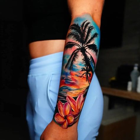 50 Beach Tattoo Ideas: Inspiring Designs for Ocean Lovers Beach Theme Tattoos, Tropical Flower Tattoos, Beach Tattoo Ideas, Ocean Sleeve Tattoos, Beachy Tattoos, Tropical Tattoo, Scene Tattoo, Bright Tattoos, Sunset Tattoos