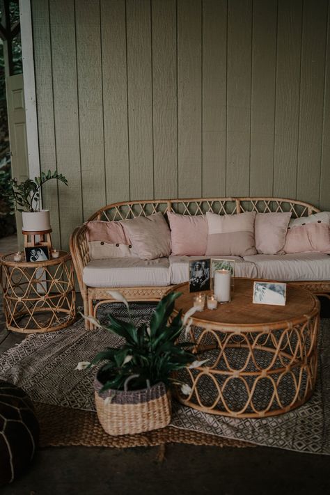 Boho Wicker Couch, Living Room Cane Furniture, Cane Sofa Set, Trailer Updates, Wedding Lounge Seating, Porch Goals, Rattan Couch, Plant Space, Paliku Gardens