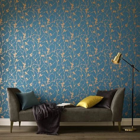 Wallpaper Teal, Blossom Wallpaper, Cherry Blossom Wallpaper, Wall Texture Design, Teal Wallpaper, Graham & Brown, Brown Wallpaper, Wallpaper Direct, Chelsea Flower Show