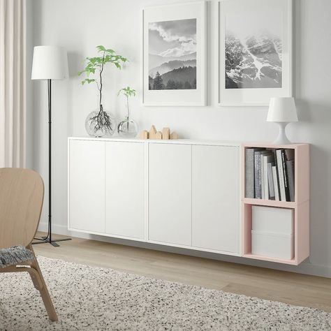 EKET Wall-mounted cabinet combination, white/pale pink, 175x25x70 cm - IKEA Eket Ikea, Wall Of Storage, Ikea Wall Cabinets, Cube Wall Shelf, Wall Cubbies, Ikea Eket, Diy Studio, Ikea Wall, Minimalist Living Room Decor