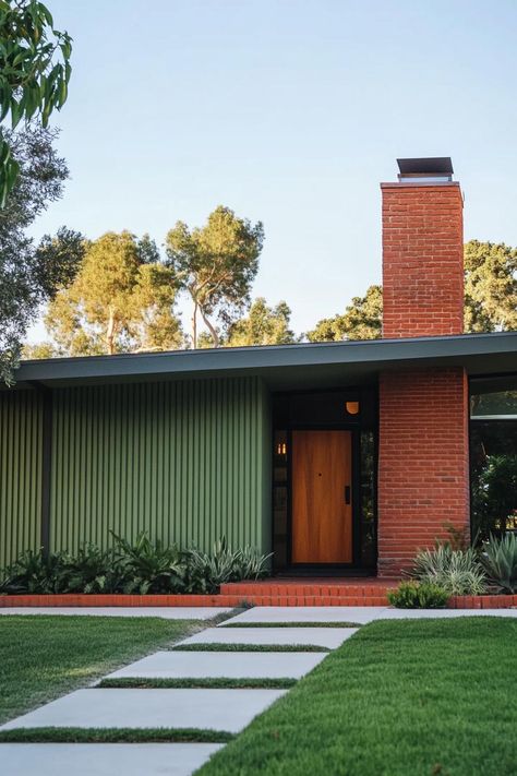 Flat roof house with green siding and red brick chimney. Uncover the charm, versatility, and occasional bird confusion that makes a flat roof house a modern architectural gem. Mid Century House Floor Plans, 1970s Architecture Exterior, Green House Red Brick, Modern Georgian Architecture, Orange Brick House Exterior Makeover, Red Brick Mid Century Modern Exterior, House With Green Siding, Mcm House Exterior, Modern Red Brick House Exterior