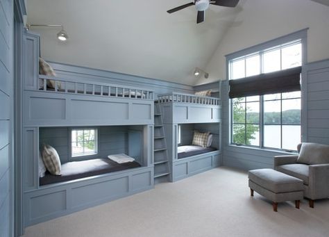 21 Awesome Bunk Rooms Built In Bunk Bed Ideas, Bunk Bed Wall, Grey Bunk Beds, Luxury Dorm Room, Bunk Beds For Boys Room, 4 Bunk Beds, Bunk Bed Ideas, Bunk Beds Boys, Bunk Bed Rooms