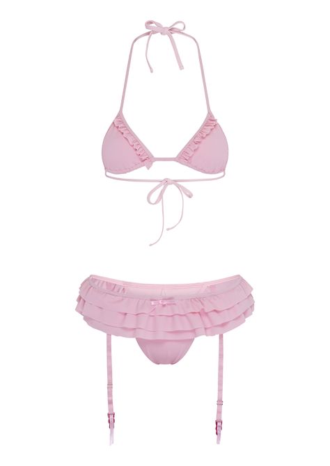 GARTER BIKINI IN PINK Victoria Secret Pink Bikinis, Frankies Bikinis Knit Set, Random Stuff To Buy, Swimsuits Aesthetic, Aesthetic Bikinis, Swimsuit With Skirt, Bathing Suit Outfits, Cute Swimwear, Pink Bathing Suits