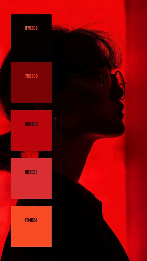 Colors: 070202 ° 7B0205 ° BB040B ° DB2E33 ° F94B24 Red Color Pallets, Silhouette Of A Person, Disney Minimalist, Casual Updo, Hair Contouring, Perspective Drawing Architecture, Dark Color Palette, Red Backdrop, Hex Color Palette