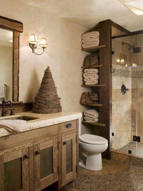 27 Beautiful Rustic Bathroom Design Ideas For A Welcoming Oasis Restroom Cabinets, Rustic Country Bathroom, Country Style Bathrooms, Rustic Bathroom Lighting, Country Bathroom Decor, Farmhouse Bathroom Design, Farmhouse Bathroom Decor Ideas, Rustic Bathroom Designs, Country Bathroom