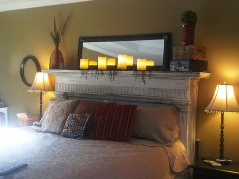 17 Marvelous Bed Headboard Designs That You Can Do In Your Free Time Refurbished Fireplace, Fireplace Mantle Headboard, Fireplace Headboard, Mantle Headboard, Mantel Headboard, Diy Headboard Ideas, Farmhouse Headboard, Headboard Diy, Bed Headboard Design