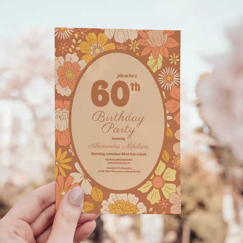 Celebrate in style with our "Retro Groovy 70's Themed 60th Birthday Invitation," a vibrant homage to the iconic era of the 1970s. This invitation isn't just a piece of paper; it's a ticket to a disco-filled celebration of life, love, and good vibes.  Transport your guests back in time with our "Retro Groovy 70's Themed 60th Birthday Invitation." Featuring psychedelic patterns, funky fonts, and retro colors, this invitation captures the essence of the groovy 70s era, setting the stage for a birth 1960s Birthday Party, 60th Birthday Theme, Funky Fonts, 60th Birthday Invitations, 60th Birthday Party, Retro Color, Retro Flowers, 60th Birthday, Birthday Bash