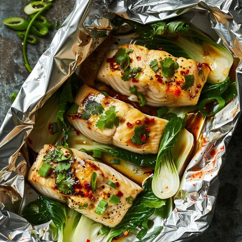 Asian-Style Barramundi with Bok Choy in Foil Recipe Foil Fish Recipes, Grilled Barramundi Fish Recipes, Barramundi Fillet Recipe, Barramundi Fish Recipes Baked, Grilled Barramundi, Barramundi Recipes, Healthy Low Calorie Meals, Calorie Meals, Spices And Herbs