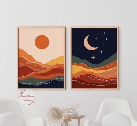 Boho Sun And Moon, Boho Art Painting, Sun And Moon Print, Sun Landscape, Navy Blue Wall Art, Art Mid Century Modern, Boho Painting, Boho Sun, Above Bed Decor