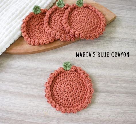 How To Crochet Pumpkin Coasters - Free Pattern - Maria's Blue Crayon Crochet Pumpkin Coasters Free Pattern, Crochet Fall Coasters Free Pattern, Pumpkin Crochet Coaster, Crochet Pumpkin Coasters, Pumpkin Coasters Free Crochet Pattern, Crochet Fall Coasters, Free Crochet Coaster Patterns, Kitchen Potholders, Crochet Thanksgiving