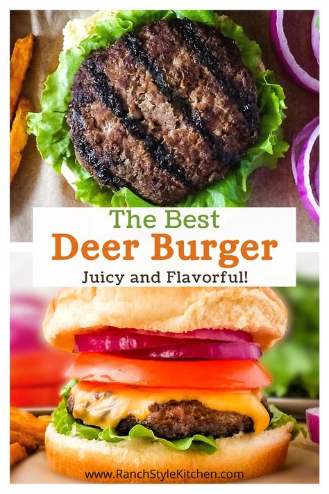 Grilled venison burger patty laying on top of the bottom half of a hamburger bun. Deer Jerkey, Deer Burger Recipes, Ranch Style Kitchen, Ground Venison Recipes, Backstrap Recipes, Meal List, Elk Recipes, Venison Meat, Hamburger Recipe