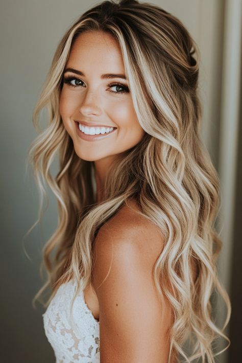 50  All-Down Bridal Hair Ideas You’ll Fall in Love With | Matched Hearts Wedding Hair Down With One Side Pinned, Wedding Hair Down Beach Waves, Wedding Bride Hairstyles Hair Down, Wedding Day Hair Down With Veil, Hair Down Bridal Hairstyles, Down Hair For Wedding, Curled Bridal Hair Down, Bride Hair Long Down, Wedding Hair Curled Down