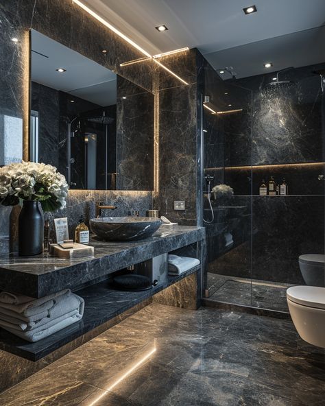 👉👈World's finest luxurious bathroom designs for your inspiration.. Follow us #bathroom#bathroomdecor#bathroomideas#bathroomremodel#bathroomdecorideas#bathroomstorage#bathroomdecorator#bathroomfixtures#bathroomflooring#bathroommirrors#bathroomrenovations#bathroommakeovers#bathroomdesignideas#bathroomremodelling#bathroomsremodeled#bathroomremodelers#bathroominteriors#bathroomstorag#bathrooms Flooring Ideas Luxury, Luxury Flooring Ideas, Dark Modern Bathroom, Luxury Floor Lamp, Modern Washroom Design, Grey Marble Bathroom, Bathroom Interior Design Luxury, Black Tile Bathrooms, Black And White Tiles Bathroom