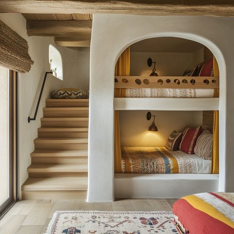 Mediterranean Kids Room, Spanish Mediterranean Bedroom, Mediterranean Bedroom Design, Moroccan Villa, Modern Spanish Style, Mediterranean Bedroom, Bunk Bed Rooms, Spanish Mediterranean, Built In Bunks