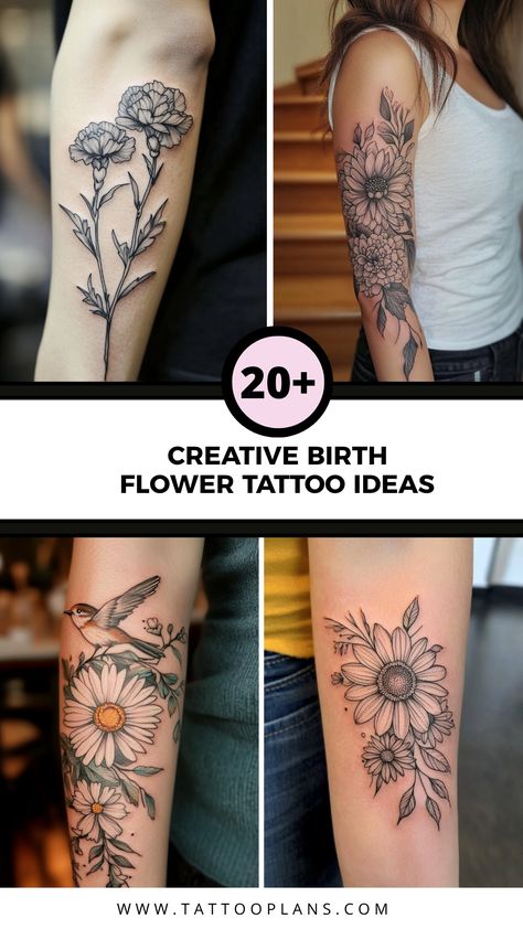 Discover the beauty and significance behind birth flower tattoos. Each design holds special meaning, representing your personality, birth month, or cherished moments. From delicate floral art to bold designs, we share unique ideas for incorporating your birth flower into meaningful body art. Explore various styles and discover how birth flower tattoos can be symbols of love, heritage, and personal stories. Whether choosing for yourself or a loved one, this guide will help you find inspiration for a tattoo that'll always hold significance. June And August Birth Flower Tattoo, June Tattoo Ideas, August Flower Tattoo, Birth Flower Tattoo Ideas, Lily Tattoos, Meaningful Symbol Tattoos, Marigold Tattoo, Flower Bouquet Tattoo, October Birth Flowers