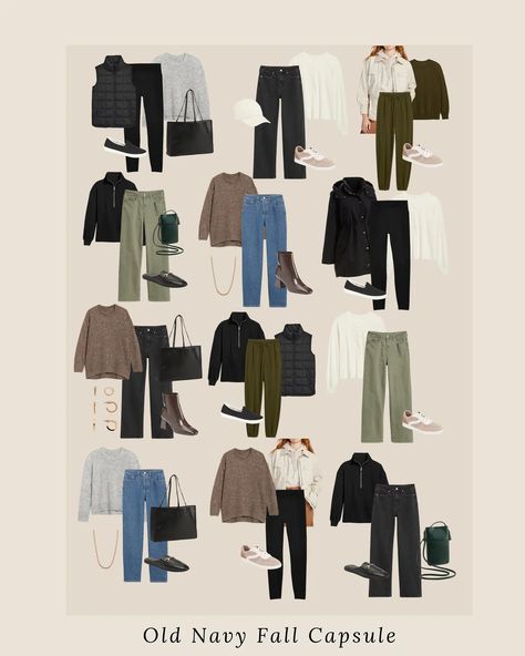 Old Navy Fall Capsule Wardrobe - by Lynzy Old Navy Capsule Wardrobe, Navy Capsule Wardrobe, Black Capsule Wardrobe, Quilted Puffer Vest, Tunic Sweatshirt, Cozy Pullover, Fall Capsule Wardrobe, Sherpa Lined, Green Jacket