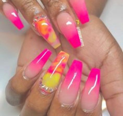 Pink And Yellow Swirl Nails, Pink And Yellow Marble Nails, Yellow And Pink Ombre Nails, Pink And Yellow Nail Designs, Yellow And Pink Nails, Pink And Yellow Nails, Ombre Coffin, Summer Acrylic Nails, Pink Acrylic Nails