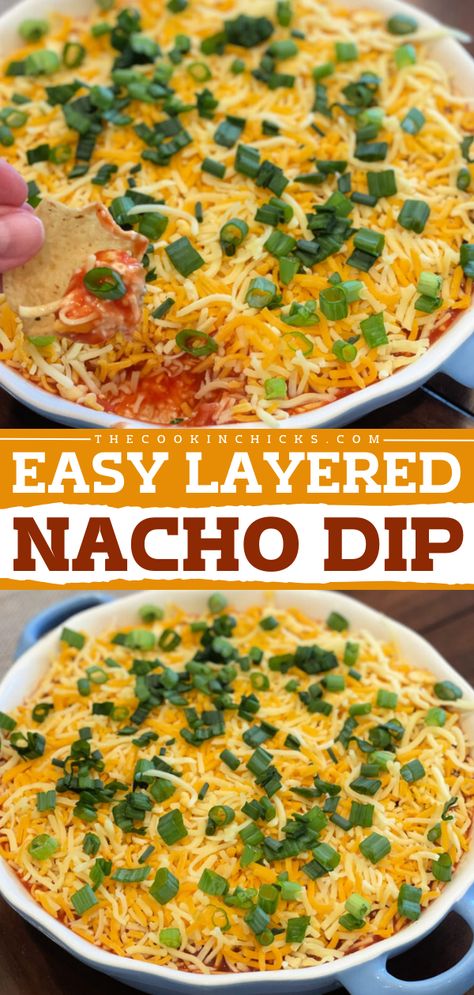 An Easy Layered Nacho Dip! Your football party menu won't be complete without it. Made with cream cheese, sour cream, and more, this Mexican layer dip is a delicious game day food idea. Don't forget the chips for this crowd-pleasing appetizer recipe! Nacho Appetizers For Party, Easy Layered Nacho Dip, Mexican Layer Dip Recipe, Nachos Dip, Desert Dips, Layered Nacho Dip, Football Party Menu, Nachos Dip Recipe, Nacho Appetizer