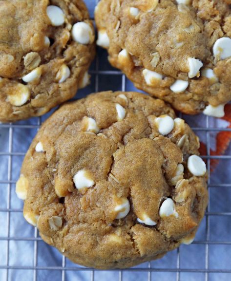 30 Soft, Mushy & Delicious Pumpkin Cookies Recipes To Make Your Crisp Fall Evenings Special - Hike n Dip Chewy Recipes, Pumpkin White Chocolate Chip Cookies, White Chocolate Chip Cookies Recipes, Pumpkin White Chocolate, Modern Honey, Cookie Recipes Chewy, Pumpkin Oatmeal Cookies, Pumpkin Cookie Recipe, White Chocolate Chip