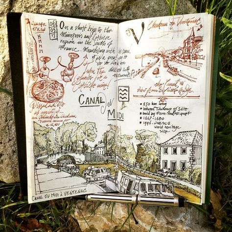 Kunstjournal Inspiration, Travel Journal Pages, Travel Art Journal, Album Journal, Travel Sketchbook, Sketch Journal, Notebook Art, Midori Travelers Notebook, Travel Sketches