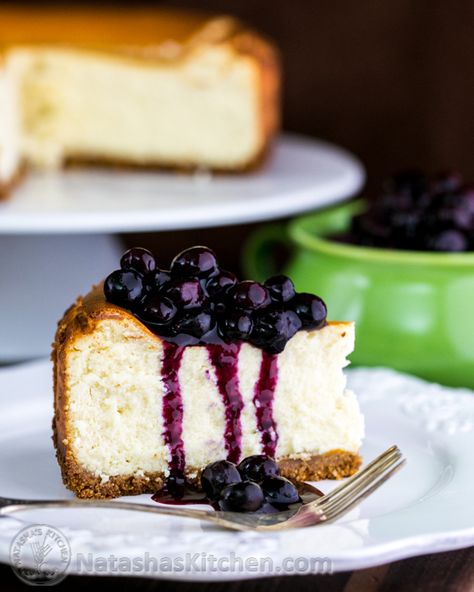 Best Cheesecake Recipe With Blueberry Topping | NatashasKitchen.com Blueberry Topping For Cheesecake, Slice Of Cheesecake, The Cheesecake Factory, Blueberry Topping, Cheesecake Toppings, Torte Cupcake, Blueberry Sauce, Best Cheesecake, Easy Cheesecake Recipes