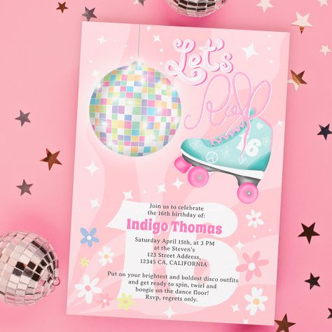 Groovy Retro Disco Floral Roller Skate Sweet 16 Invitation #zazzle #weddinginvitations #birthdayinvitations #babyshowerinvitations #zazzleinvitations #monogram #businesscards #graduation #homedecor Sweet 16 Skate Party Ideas, Roller Skate Disco Party, Disco Skate Party, Roller Disco Party, Disco Roller Skating, Skate Invitations, Roller Skate Party, Sweet Sixteen Birthday Invitations, Skate Birthday