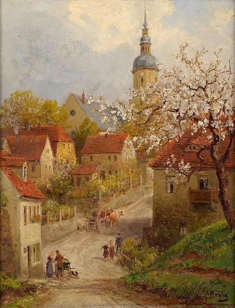 Albert Ernst Mühlig - Spring in the Village Village Drawing, Fantasy Village, Countryside Paintings, Pintura Exterior, Japanese Art Prints, 19th Century Art, French Cottage, Classic Paintings, Old Paintings