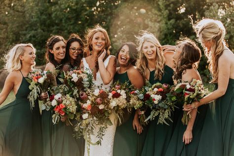 Natural Fall Wedding at The Barn at New Leaf | Lawrenceville, IL Late November Wedding, Bridesmaid Colours, Green Fall Weddings, Bridal Era, Forest Green Wedding, Dark Green Wedding, Dark Green Bridesmaid Dress, Smith Wedding, Photo Posing