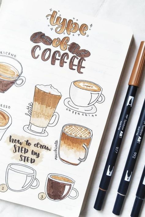 Are you a coffee lover and bullet journal lover? These 27 inspired bujo spreads are just what you need to feel inspired for drawing a coffee theme or spread in your bujo #bujo #bulletjournal #coffeetheme #coffeeinspired Coffee Doodle, Bullet Journal Notebook, Bullet Journal Themes, Bullet Journal Writing, Bullet Journal Art, Journal Themes, A Notebook, Journal Aesthetic, Bullet Journal Layout