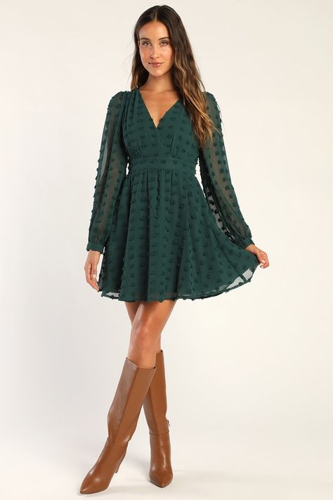 We're not going to lie—the Lulus Always on Repeat Emerald Green Clip Dot Long Sleeve Mini Dress is a 'fit we'd wear again and again! Lightweight woven chiffon, with a clip dot texture throughout, shapes this stylish dress that has long balloon sleeves with button cuffs and gathering at the shoulders. Surplice bodice sits above a banded waist, falling to a cute A-line mini skirt. Hidden zipper/clasp at back. Emerald Green Mini Dress, Plus Size Skater Dress, Green Formal Dresses, Dot Texture, Lulu Fashion, A Line Mini Skirt, Green Mini Dress, Grad Dresses, On Repeat