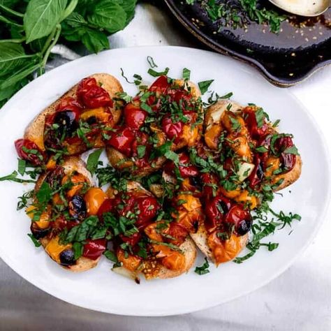 Roasted Cherry Tomato Bruschetta - The Little Ferraro Kitchen Roasted Tomato Bruschetta, Valentines Recipe, Summer Pasta Dishes, Fresh Tomato Pasta, Cherry Tomato Recipes, Slow Roasted Tomatoes, Radicchio Salad, Cherry Tomato Sauce, Thanksgiving 2023