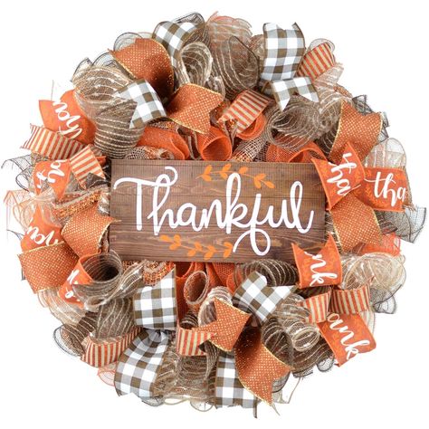 Thankful Wreath | Happy Fall Thanksgiving Deco Mesh Front Door Wreath; Brown Orange Burlap White Thankful Wreath, Wreath For Fall, Fall Thanksgiving Wreaths, Thanksgiving 2020, Autumn Wreaths For Front Door, Hosting Thanksgiving, Fall Ribbons, Thanksgiving Wreaths, Handmade Wreaths