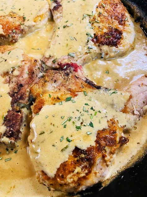 Pork Chops with Dijon Cream Sauce - Cooks Well With Others Cajun Pork Chops And Gravy, Creamy Dijon Pork Chops, Pork Chop Sauce, Dijon Cream Sauce, Pork Meals, Fresh Recipe, Work Recipes, Pork Belly Slices, Clean Meals