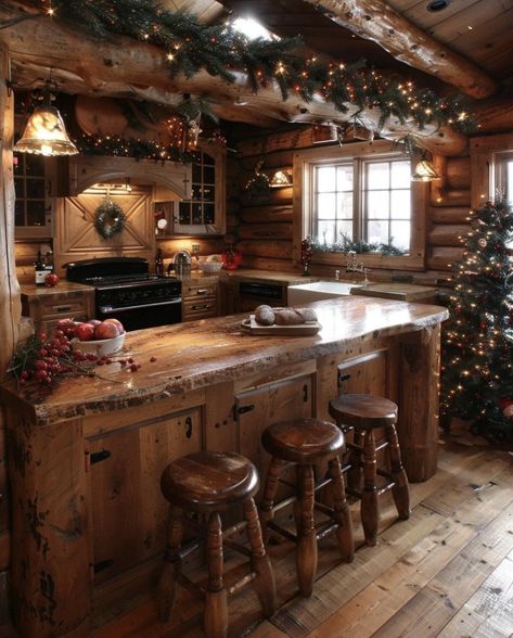 Winter Cabin Interior, Cozy Cabin Kitchen, Cozy Cabin Aesthetic, Kitchen Christmas Decorations, Winter House Exterior, Cabin Aesthetic, Cabin Kitchen, Dream Life House, Kitchen Christmas