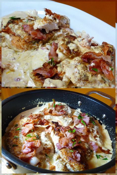 The Creamy Bacon Sauce is so good that I’m trying very hard to think what else I can use it for. I cut two large chicken breasts in half horizontally to make the chicken cutlets. This way they cook more quickly and evenly and feed more people. ~ Jen #chickenbreastrecipes #bacon #chickenrecipes #creamybaconsauce #chickenskilletrecipes #lowcarb #keto #glutenfree Senior Meals, Bacon Sauce, Low Carb Menus, Carnivore Recipes, Keto Eating, Friends Recipes, Cook More, Chicken Skillet Recipes, Mom Recipes