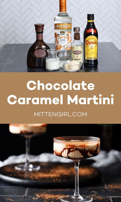 Chocolate martinis are a cocktail twist on a chocolate milkshake. In this chocolate caramel martini, caramel vodka, Godiva liqueur, and vanilla ice cream combine for a decadent and creamy dessert drink. Caramel Chocolate Martini, Chocolate Martini Recipe Vodka, Godiva Martini, Caramel Cocktail, Chocolate Martinis, White Chocolate Martini, Caramel Martini, Carmel Chocolate, Chocolate Martini Recipe