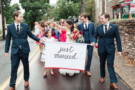 A Colorful Fiesta-Inspired Wedding - Green Wedding Shoes Wedding Parade, Creative Wedding Sign, Parade Banner, Just Married Banner, Budget Weddings, Amazon Wedding Registry, Fiesta Wedding, Wedding Backdrops, Wedding Reception Signs