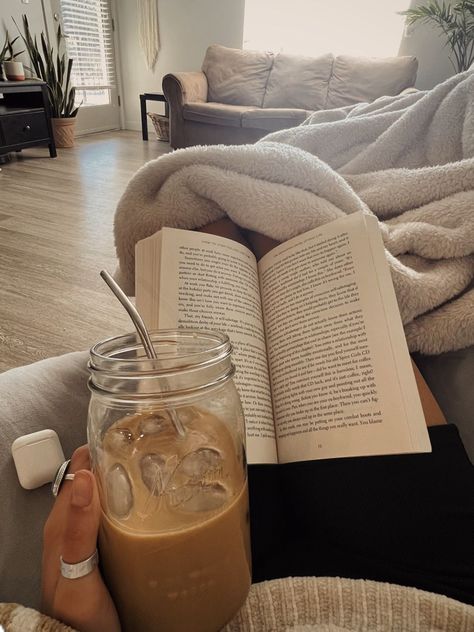 Coffee With Book Aesthetic, Iced Coffee At Home Aesthetic, Iced Coffee And Books Aesthetic, At Home Coffee Aesthetic, Coffee Aesthetic At Home, Bookstagram Picture Ideas, Coffee At Home Aesthetic, Book Coffee Aesthetic, Book And Coffee Aesthetic