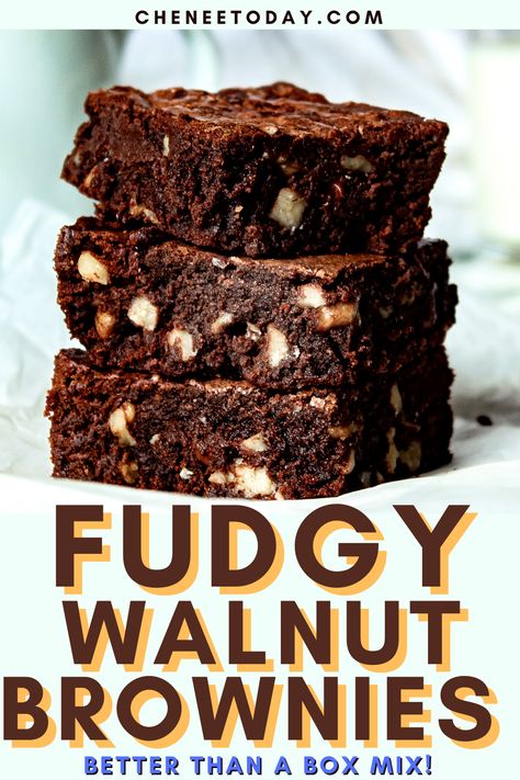 The BEST chewy, gooey, fudgy double chocolate fudge walnut brownies recipe! They're so easy to make homemade from scratch but so much BETTER than a box mix! #brownierecipe #easybrownies #walnutbrownie #walnutbrownies Best Walnut Brownie Recipe, Chocolate Brownies With Nuts Recipe, Nut Brownies Recipe, Homemade Walnut Brownies, Brownies With Walnuts Recipe Homemade, Brownie Walnut Recipes, Brownie Recipes With Nuts Baking, Walnut Fudge Brownies, Walnut Brownie Recipes