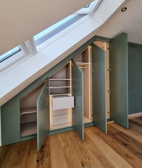 Stylish, green fitted wardrobes. Fitted in Hove, with LED lighting that activated when opening the doors. Wardrobe Led Lighting, Loft Conversion Dressing Room, Loft Conversion Wardrobes, Loft Conversion Bedroom, Attic Bedroom Storage, Attic Wardrobe, Room Wardrobe, Ikea Built In, Pins Ideas