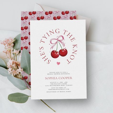 Tying the Knot Chic Modern Cherry Bridal Shower Invitation Mon Cheri Bridal Shower Theme, Bridal Invitation Ideas, Cherry Theme Bachelorette Party, Cherry On Top Bachelorette, Cherry On Top Bridal Shower Theme, Cherry Bachelorette Party, Cherry Bridal Shower Theme, February Bridal Shower Themes, Pink Bridal Shower Theme