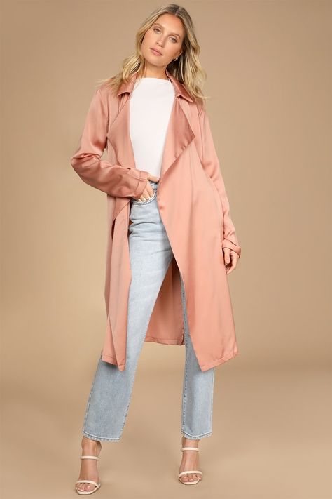 Blush Trench Coat, Orange Satin Dress, Satin Trench Coat, Satin Duster, Orange Coat, Orange Satin, Duster Jacket, Sash Belt, Comfortable Room