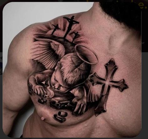 Chest Piece Tattoo Men Design, Simple Tattoos For Guys, Torso Tattoos, Rose Tattoos For Women, Chicano Style Tattoo, Special Tattoos, Scary Tattoos, Cool Chest Tattoos, Religious Tattoo