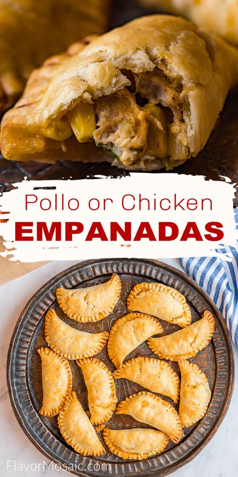 2-photo pin for chicken empanadas. The top photo shows a close-up of the filling inside the empanada pastry and the bottom photo shows an overhead view of a platter of chicken empanadas. In the middle is the title in red text on a white background that states Pollo or Chicken Empanadas. Argentina Chicken Empanadas, Shredded Chicken Empanadas Recipe, Mexican Chicken Empanadas Recipe, Best Chicken Empanadas Recipe, Jerk Chicken Empanadas Recipe, Chicken Empanadas Filling, Empanadas Recipe Chicken, Empanada Chicken, Chicken Empanadas Recipe Easy