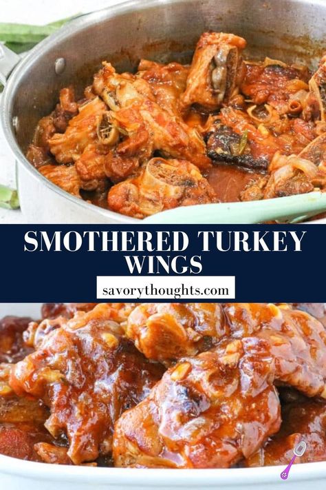 Simple, savory and totally comforting, this Smothered Turkey Wings dish takes tender and juicy turkey wings and smothers them in a moreish homemade gravy. #delicious #easyrecipes #savorythoughts @Msavorythoughts | savorythoughts.com Smothered Turkey Wings Recipe, Turkey Wings Recipe, Smothered Turkey, Smothered Turkey Wings, Baked Turkey Wings, Vegan Thanksgiving Dinner, Easy Cheap Dinner Recipes, Wings In The Oven, Juicy Turkey