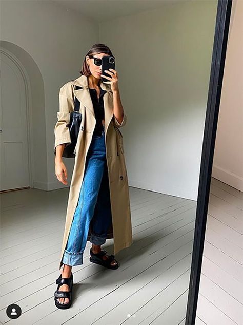 Trench coat, tank top, jeans, sandals Le Catch, Sporty Sandal, Ribbed Sweater Dress, Sandals Outfit, Ribbed Knit Dress, Minimal Chic, 가을 패션, Casual Fall Outfits, Comfortable Dress