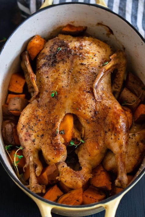 Whole Duck Recipes, Creuset Recipes, Roasted Duck, Pop Up Dinner, Roasted Apples, Family Dishes, Sweet Potato Wedges, Roast Duck, European Cuisine